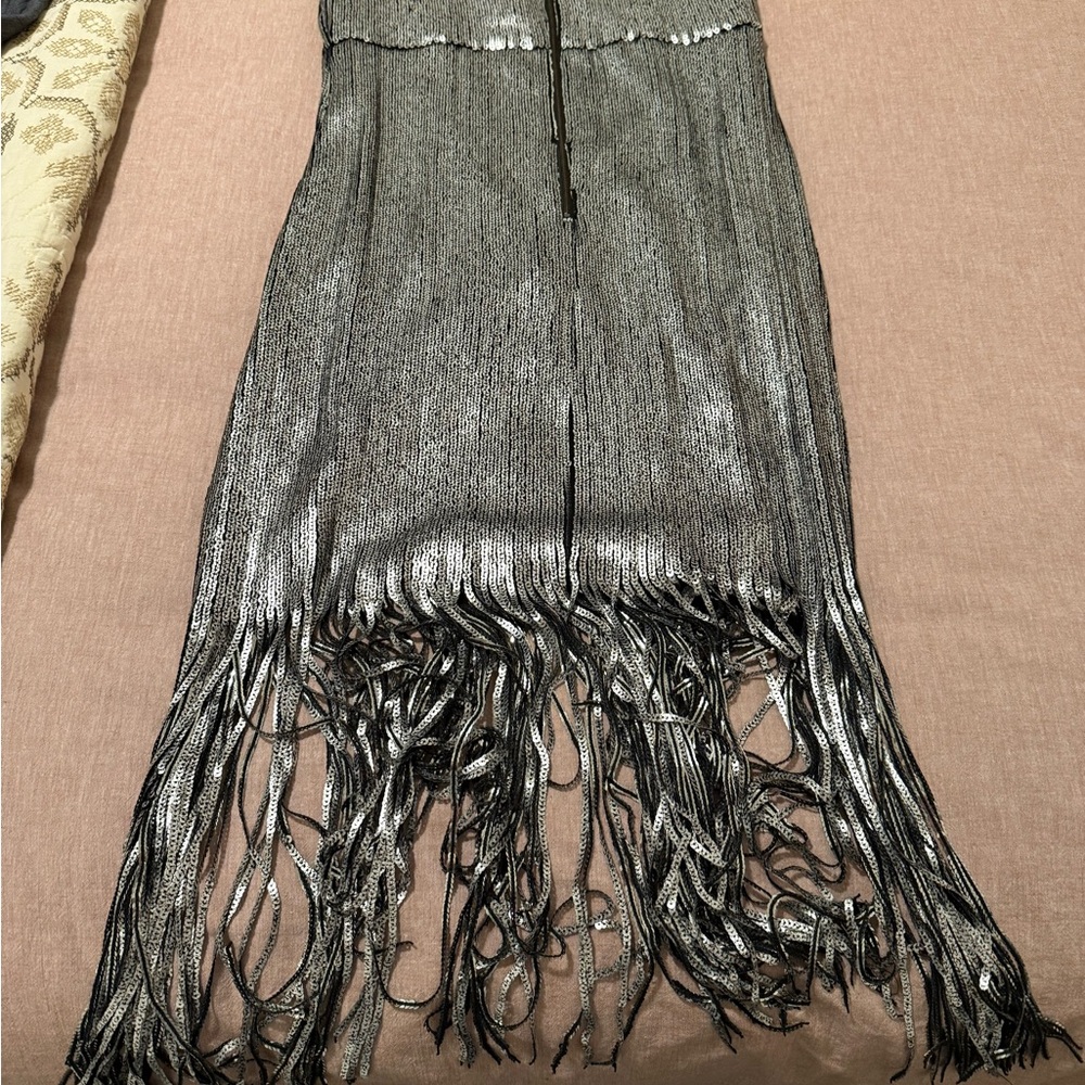Nanette Lepore Silver Asymmetrical Fringe Dress
